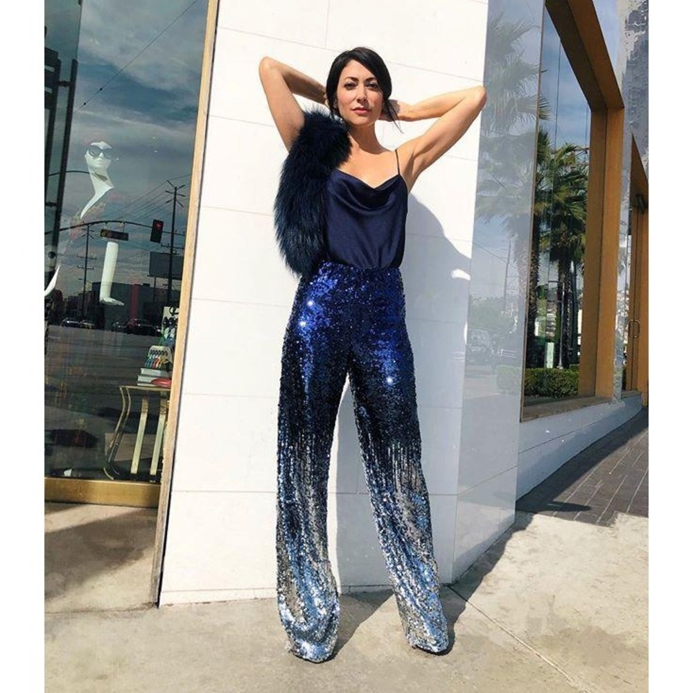 Alice + Olivia Elba Sequin Ombre Pants Blue Silver High Rise Trousers Sz M - Picture 3 of 13